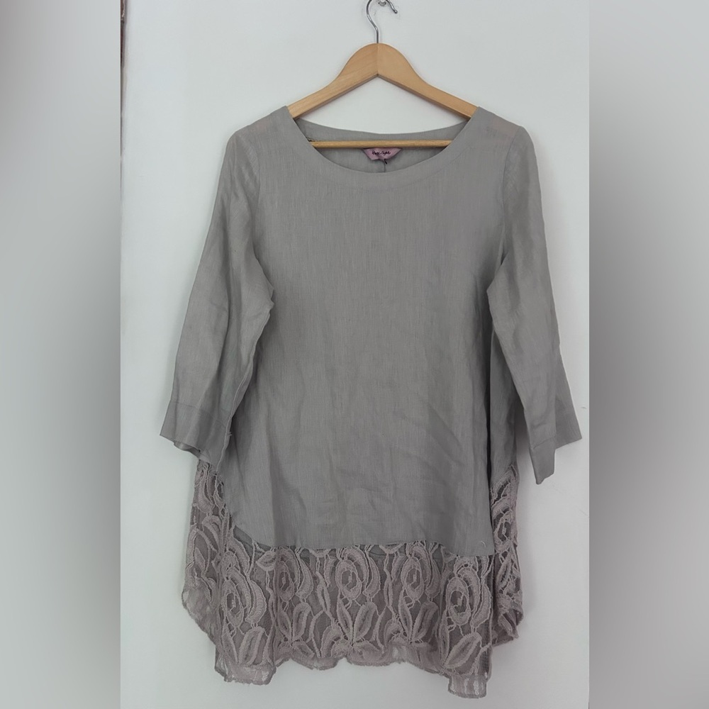 PHASE EIGHT Grey LINEN Tunic Crotchet Lace Hem Elegant Gray Lace Trim Top 12 - Picture 4 of 8